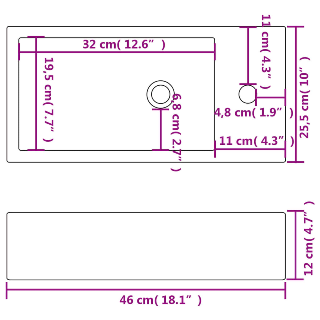 Wastafel Met Kraangat Rechthoekig 46X25,5X12 Cm Keramiek