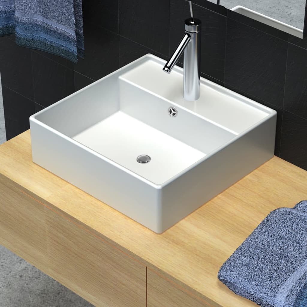 Luxe Wastafel Met Overloop En Kraangat Vierkant Keramiek 41X41 Cm