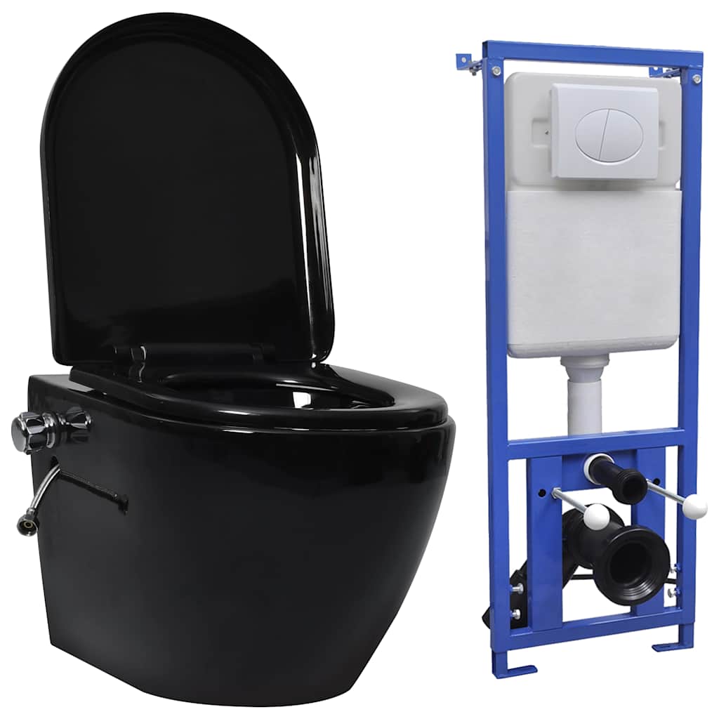 Hangend Toilet Randloos Met Verborgen Stortbak Keramiek Zwart
