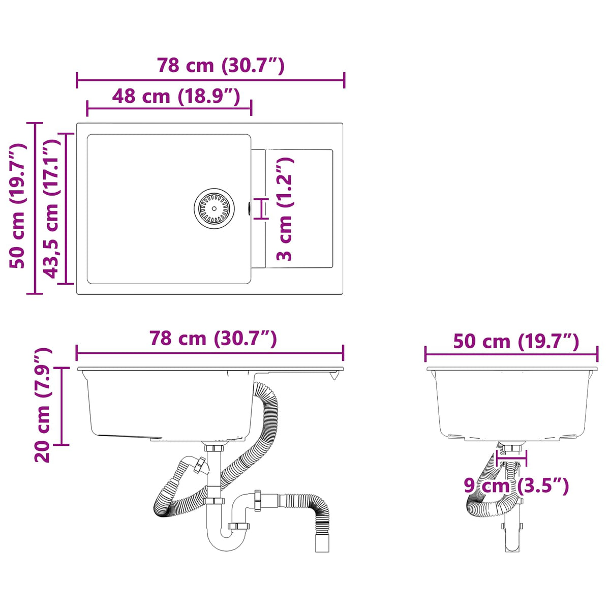Wasbak 780 X 500 Mm 80% Kwarts En 20% Hars